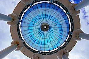 Blue glass transparent dome, bottom view at sunny day