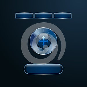 Blue glass user interface buttons with chrome metallic frames