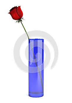 Blue glass vase with rose isolated on white