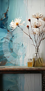 Blue Glass Vase With White Flowers - Layered Abstract Paintings