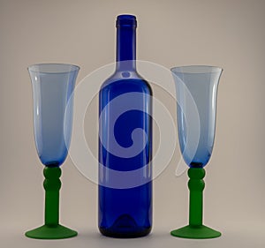 Blue glasses with green stands and bottle