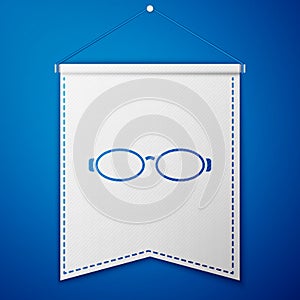 Blue Glasses for swimming icon isolated on blue background. Goggles sign. Diving underwater equipment. White pennant