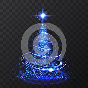 Blue glitter bokeh lights and sparkle stars christmas tree on transparent background. Isolsted light shining abstract