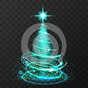 Blue glitter bokeh lights and sparkle stars christmas tree on transparent background. Isolsted light shining abstract