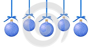 Blue Glitter Christmas decor balls on ribbons isolated on white