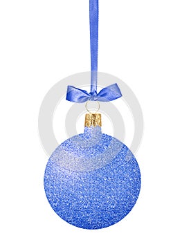 Blue Glitter Christmas decorative ball on ribbon isolated on white background