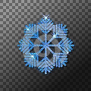 Blue glitter winter shining snowflake Christmas, New Year glittering ornament decoration on transparent background with