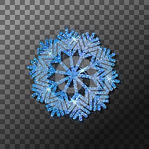 Blue glitter winter shining snowflake Christmas, New Year glittering ornament decoration on transparent background with