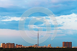 Blue gloaming sky over city in summer