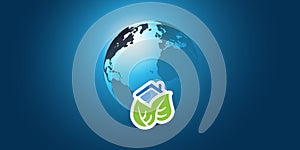 Blue Global Eco World Concept, Creative Graphic Design Layout - Green Leaves, Smart Home Symbol and Earth Globe, Vector Template