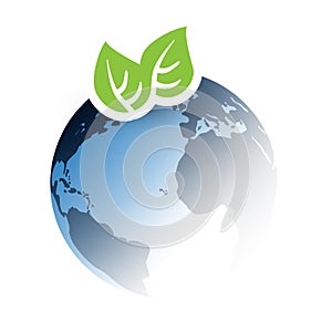 Blue Global Eco World Concept, Graphic Design Layout - Green Leaves and Earth Globe, Vector Template