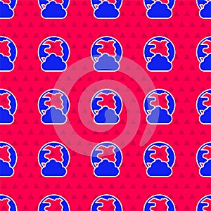 Blue Global technology or social network icon isolated seamless pattern on red background. Vector