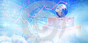 Composite image of blue globe on cardboard boxes