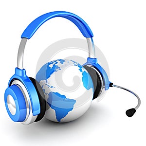 Blue globe earth with headphones and microphone