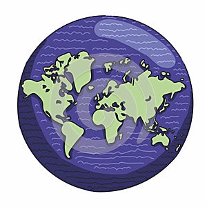 Blue Globe earth illustration with vector shadows and light green map of the continents of the world. Hand drawn.