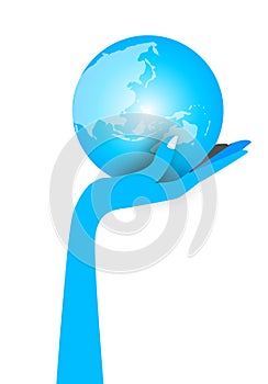 Blue hand holding world globe