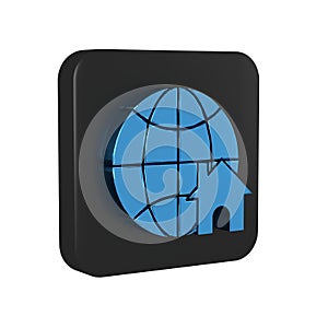 Blue Globe with house symbol icon isolated on transparent background. Real estate concept. Black square button.