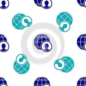 Blue Globe and people icon isolated seamless pattern on white background. Global business symbol. Social network icon