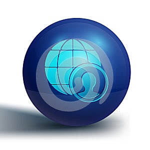 Blue Globe and people icon isolated on white background. Global business symbol. Social network icon. Blue circle button