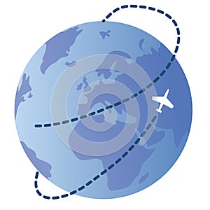 Blue globe on a white background, a plane flies around it and leaves a dashed line behind it