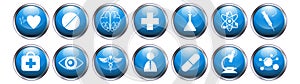 Blue glossy metallic button medical icon set on white background