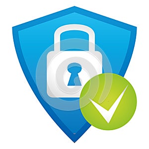 Blue glossy shield with padlock and check mark. Vector icon.