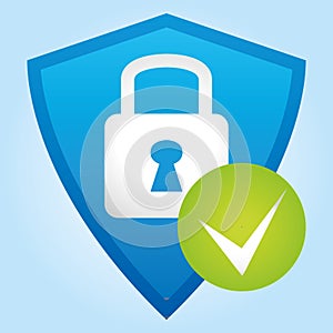 Blue glossy shield with padlock and check mark. Vector icon. Light blue background.