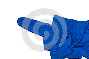 Blue glove isolated on white background. Indecent gesture . Soft focus photo