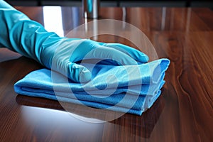 Blue gloved hand caresses the table, ensuring pristine cleanliness