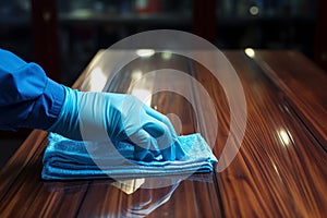 Blue gloved hand caresses the table, ensuring pristine cleanliness