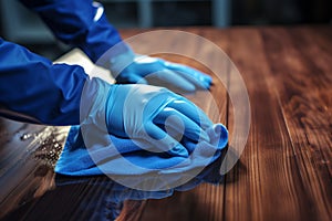 Blue gloved hand caresses the table, ensuring pristine cleanliness