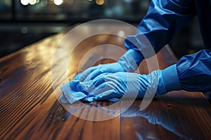 Blue gloved hand caresses the table, ensuring pristine cleanliness