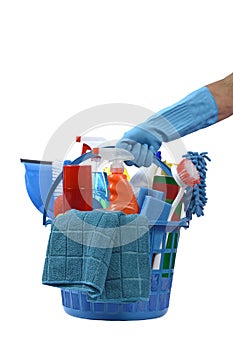 Blue Gloved Hand Holding Cleaning Supplies