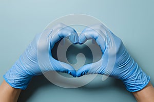 Blue gloved hands in heart shape on light blue background, showcasing precision and care