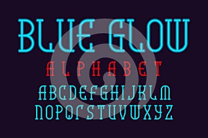 Blue glow alphabet. Neon light font. Isolated english alphabet