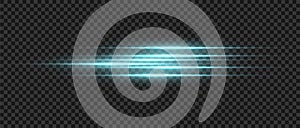 Blue glow light lens effect. Flash beams. Vector laser burst horizontal dynamic light