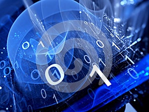 Blue glowing binary code matrix in cyberspace