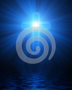 Blue glowing christian cross