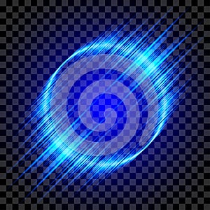 Blue glowing circle with glowing rays. Elegant Illuminated light ring. Round energetic background. Vector light effect