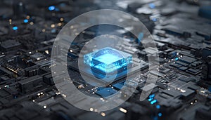Blue glowing crystal cpu core positioned on a complex dark circuit board, symbolizing advanced technology, quantum