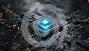 Blue glowing crystal cpu core positioned on a complex dark circuit board, symbolizing advanced technology, quantum
