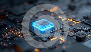 Blue glowing crystal cpu core positioned on a complex dark circuit board, symbolizing advanced technology, quantum