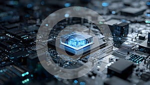Blue glowing crystal cpu core positioned on a complex dark circuit board, symbolizing advanced technology, quantum