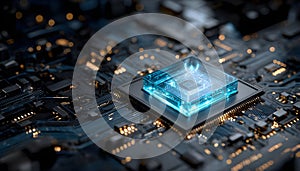 Blue glowing crystal cpu core positioned on a complex dark circuit board, symbolizing advanced technology, quantum