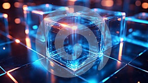 Futuristic Blue Glowing Cubes on Reflective Surface