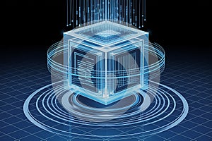 Blue glowing digital data cube processing information on futuristic grid