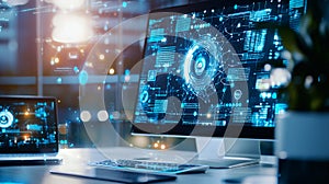 Blue Glowing Digital Data Interface on Desktop Computer Screen in Modern