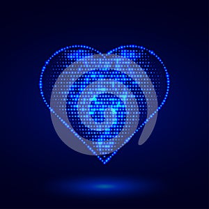 Blue glowing digital heart from glowing points. Cybernetic particle neon heart symbol. Cardiology, healthcare concept.