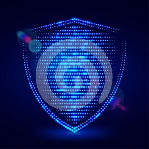 Blue glowing digital shield made of light dots. Protect and Security concept. illustration.