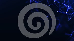 Blue glowing dots and connecting lines forming abstract digital network structure. Futuristic background visualizing data flow,